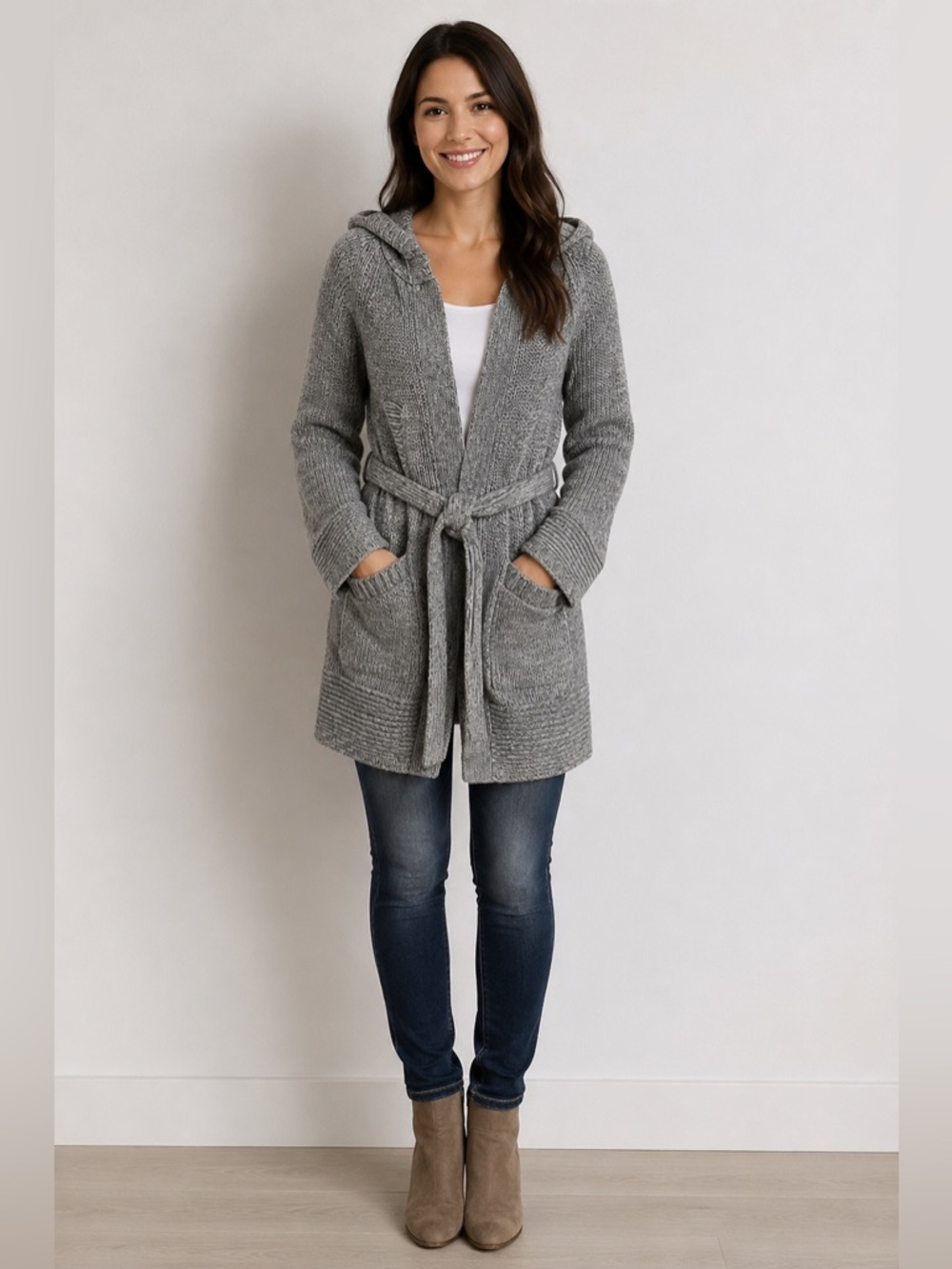 Free People Gray Wool Blend Hooded Sweater Coat Cardigan Belted Jacket Size M